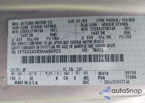 2003 Ford E-350 Super Duty Commercial/Recreational from USA, damaged, VIN 1FTSS34SX3HA86925